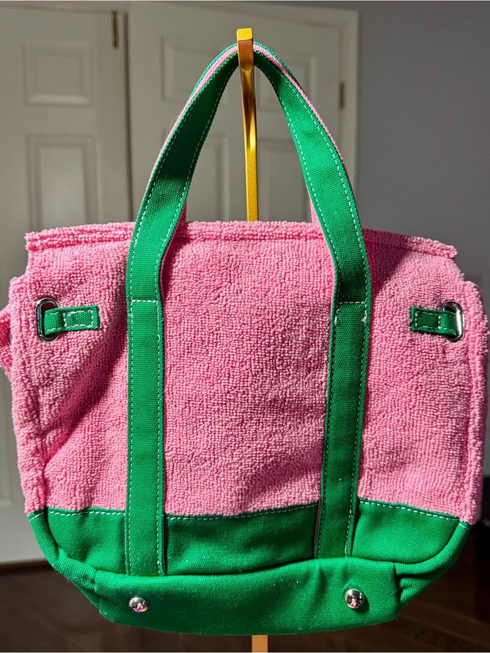 NWOT Sunwin Madaket Terry Cloth Boatkin Mini Tote Pink Green - Picture 2 of 2